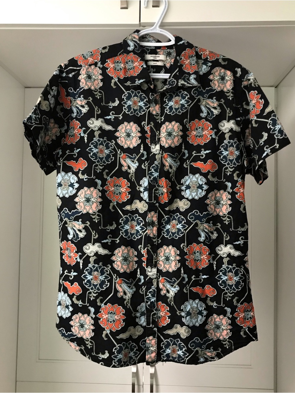 Men's Jack &Jones Floral Short-Sleeve Shirt - Black with Coral & Light Blue L